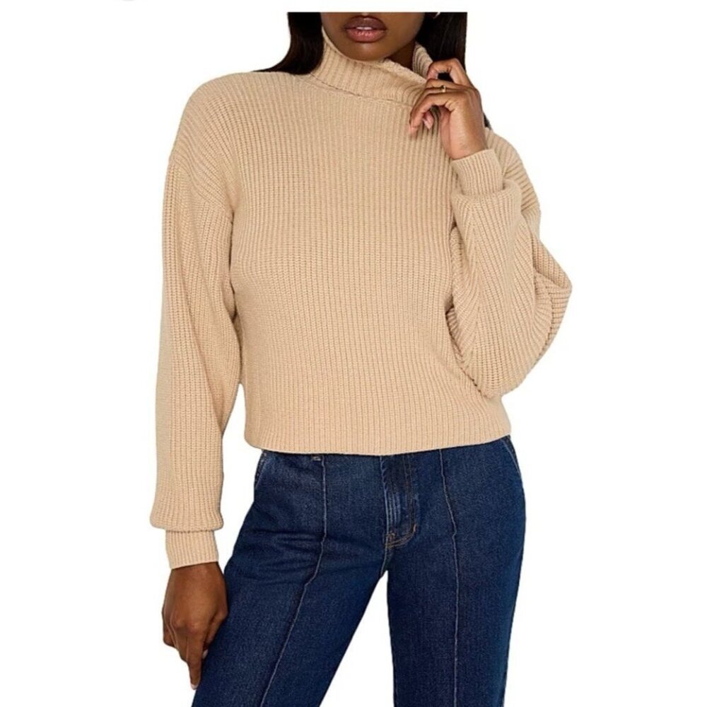 Good American Heavy Cozy Rib Knit Turtleneck Sweater Beige XS NWT Winter Soft